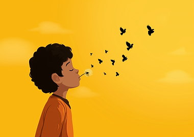 Boy Blowing Dandelion Seeds to Birds