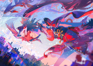 Honkai Star Rail Girl with Fox Mask over City