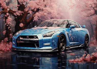Blue GTR car Cherry Blossoms