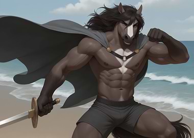 Muscular Anthro Horse Warrior on Beach