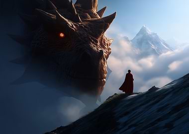 Dragon and Cloaked Figure in Mountains