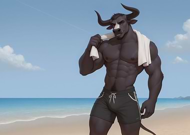 Muscular Anthro Bull on Beach