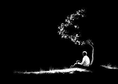 Solitude Under Tree: Black and White Art