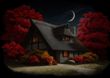 Cottage at Night with Red Trees