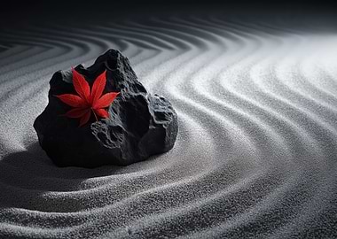 Zen Garden with Red Maple Leaf