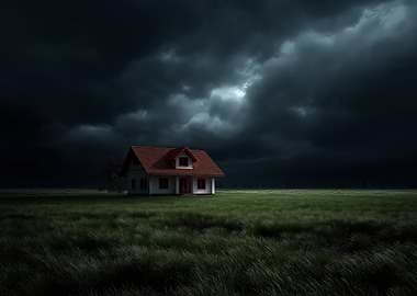 House in a field under storm clouds