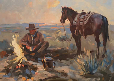 Cowboy and Horse by Campfire Painting