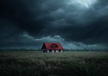 House in a field under storm