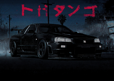 Black Nissan Skyline R34 at Night