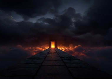 Path to fiery portal in clouds