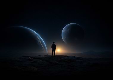 Man on Alien Planet with Two Planets