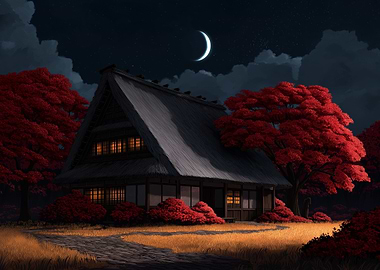 Japanese House at Night with Moon