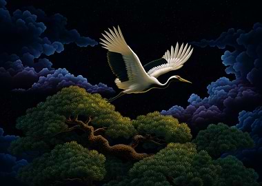 Crane in Flight at Night
