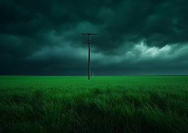 Green field under stormy sky