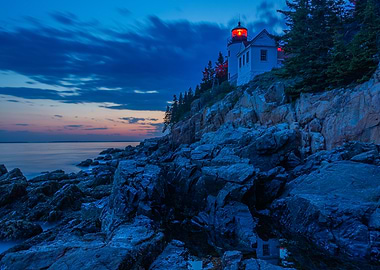 Blue Hour Lighthouse on a Cliff