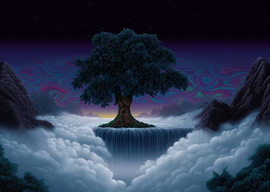 Tree Waterfall in Cloudy Landscape