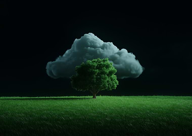 Tree and Cloud on Green Field