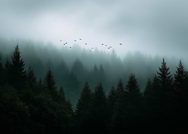 Misty Forest with Birds
