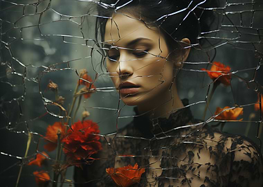 Woman Flowers Broken Glass