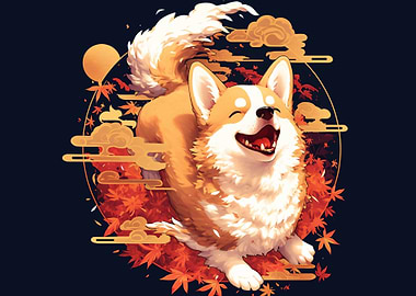 Happy Corgi with Autumn Leaves