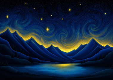 Night landscape with mountains and lake