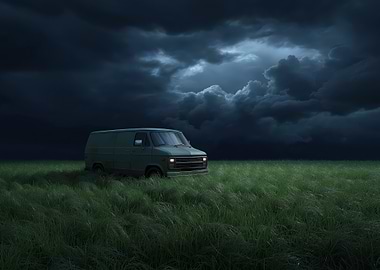 Van in Field Under Stormy Sky