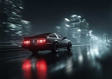 Retro car driving in city at night