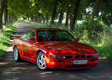Red BMW 850i on Tree-Lined Road