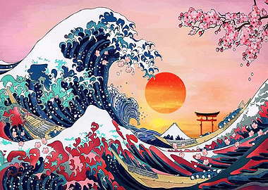 Japanese Wave Art Cherry Blossoms