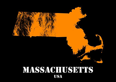 Massachusetts USA State Minimalist Black Orange Topographic Contour Map featuring terrain in orange color