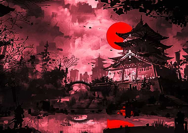 Japanese Temple with Red Sun