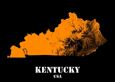 Kentucky USA State Minimalist Black Orange Topographic Contour Relief Map featuring terrain in orange color