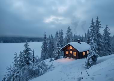 Winter Cabin in Snowy Landscape