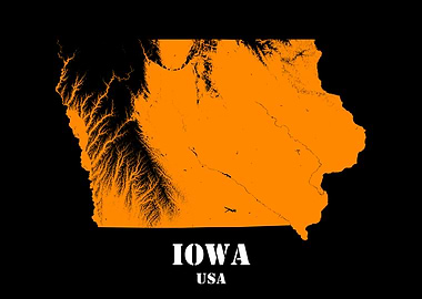 Iowa USA State Minimalist Black Orange Topographic Contour Relief Map featuring terrain in orange color