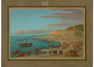 Historical painting of a coastal encounter