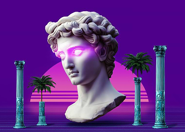 Vaporwave Bust with Columns and Palms
