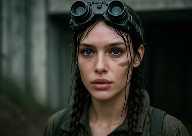 Determined Woman with Goggles in Rain