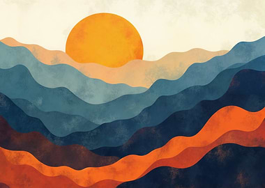 Abstract Mountain Landscape with Rising Sun