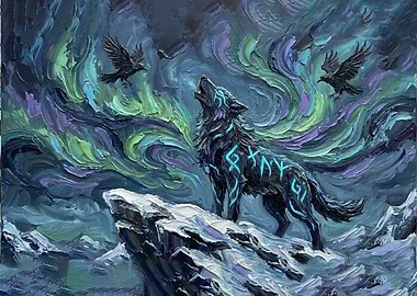 Wolf Howling Under Aurora Painting