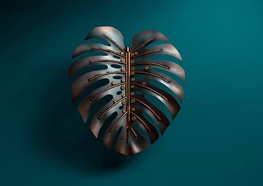Steampunk Monstera Leaf on Teal Background