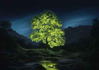 Glowing Tree in Night Landscape