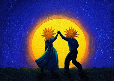Sun-Headed Couple Dancing Under Moonlight