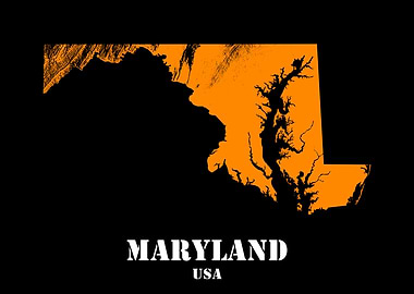 Maryland USA State Minimalist Black Orange Topographic Contour Relief Map featuring terrain in orange color
