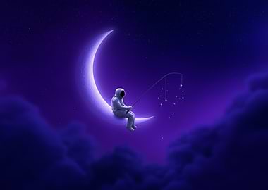 Astronaut Fishing Stars on the Moon