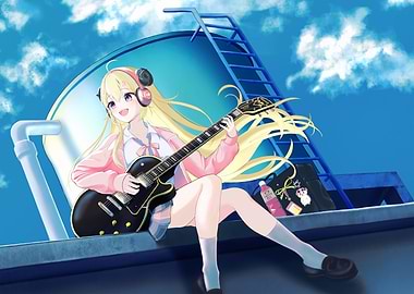 Anime girl playing guitar on rooftop