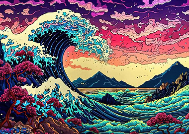 Stylized Ocean Wave Cherry Blossoms