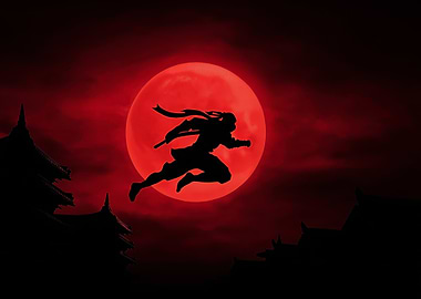 Ninja Silhouette with Red Moon