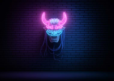 Neon Oni Mask on Brick Wall