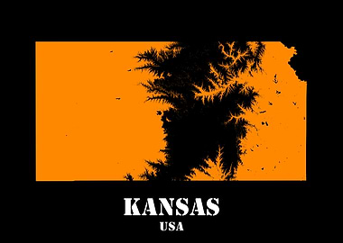 Kansas USA State Minimalist Black Orange Topographic Contour Relief Map featuring terrain in orange color
