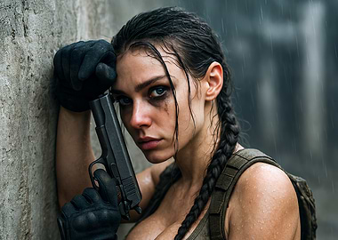 Determined Woman with Gun in Rain